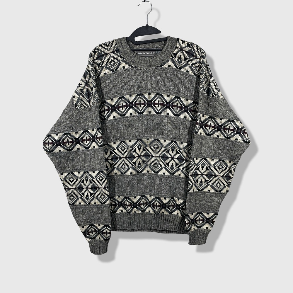 David Taylor Sweater Mens XL Gray Fair Isle Geometric Vintage Grandpacore Retro
